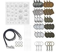 Allazone 57 PCS Pendentif Plateaux et Moule en Silicone Couvertures, 5 Style Pendentif Plateaux et Porte-clés, Corde de Cire Noire pour DIY Bijoux