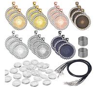Allazone 62PCS Plateaux de Pendentif de Lunette en Strass et Cabochons en Verre Rond, 25MM Kit de Plateaux Pendentif en Strass pour DIY Artisanats Fabrication de Bijoux, 7 Couleur