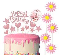 Allazone Happy Birthday Cake Topper, Décoration de Gâteaux Fête Décorations Étoiles, Coeurs Fleurs Ballons Cupcake Toppers pour Décorer Le Gâteau D'anniversaire pour Enfants, Mariage, Mère, Rose