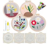 Allazone Kit de Broderie Point Punch - 4 Needles, Kit de Démarrage 15cm pour Débutants avec Motifs, Fil, Instructions - Adultes, Plantes et Fleurs