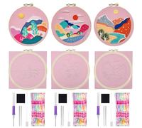 Allazone Kit de Démarrage de Broderie, 3 PCS Kit de Broderie pour Débutants, Fils à Broder Kit, Kit Broderie Point Punch Needles avec Motifs et Instructions pour Adultes Débutant (Couchers de Soleil)