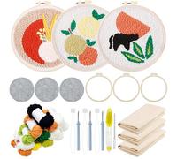 Allazone Kit de Démarrage de Broderie pour Débutants - 3 PCS avec Fils, Point Punch Needles et Motifs (Fruits, Chats) - pour Adultes