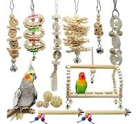 Allazone 14 PCS Jouets pour Oiseaux, Jouets à Mâcher pour Oiseaux, Jouet à Suspendre pour Perroquet, Bois Pieds Perchoirs Oiseaux Jouets Perroquets pour Perruches, Petite Aras