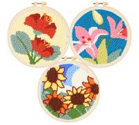 Allazone Lot de 3 kits d'aiguilles à broder avec motif floral, outil de poinçonnage, enfile-tissu, fil, cercle à broder pour travaux manuels, décoration d'intérieur