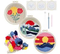 Allazone Lot de 3 kits de broderie à l'aiguille - Adultes débutants avec motif de fleurs lever du soleil, cerceau en plastique, fil et stylo aiguille à broder