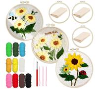 Allazone Lot de 3 kits de broderie à l'aiguille - Pour adultes débutants avec motif tournesol, cerceau en plastique, fil et stylo aiguille à broder
