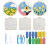 Allazone Lot de 3 kits de broderie avec motif floral, cerceau en plastique, fil, poignée de broderie et instructions (français non garanti)