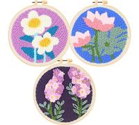Allazone Lot de 3 kits de broderie floral, aiguilles à poinçonner, enfile-outils, tissu, fil, cercle à broder