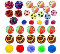 Allazone Lot de 35 balles de jouets pour chat, 7 styles de pompons, balles en papier, balles en mousse pour chats, balle arc-en-ciel colorée, jouet interactif pour chat pour jouer, entraînement