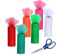 Allazone Lot de 6 rouleaux de ruban de tulle coloré - 15,2 cm x 22,7 m - Vert et rouge arc-en-ciel - Avec ciseaux à coudre - Pour Noël, fête, décoration, couture, bricolage