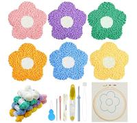 Allazone Punch Needle Broderie Kit, Lot de 6 PCS Fleur Punch Needle Sous-verres Kit avec Cerceau à Broder, Aiguille et Fils, Kit D'Aiguille de Poinçon pour Débutants Adultes