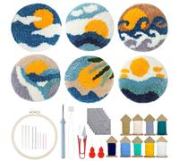 Allazone Punch Needle Broderie Kit, Lot de 6 PCS Punch Needle Sous-verres Kit avec Cerceau à Broder, Aiguille et Fils, Kit D'Aiguille de Poinçon pour Débutants Adultes, Montagnes et Rivières