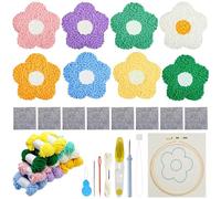 Allazone Punch Needle Broderie Kit, Lot de 8 PCS Fleur Punch Needle Sous-verres Kit avec Cerceau à Broder, Aiguille et Fils, Kit D'Aiguille de Poinçon pour Débutants Adultes