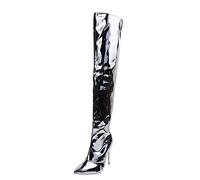 Allbestop Botte Femme, Bottes Cuissarde Hiver Femme Petit Talons Bottes Genou Talon Haut Sexy Botas à Plateforme de Talon Carré Para Mujer Cuir Mollet Large Mi Mollet Cuir(Argent,37)