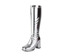 Allbestop Botte Moto Femme, Bottes Cuissarde Hiver Femme Petit Talons Femmes Bottes au Dessus Du Genou Talon Haut Sexy Chaussure Talon pour Cuir Botte Tendance(Argent,37)