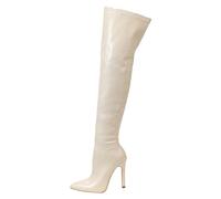 Allbestop Botte Moto Femme, Cuissardes Cuir Femme Bottes Genou Bottes Haute Punk à Talons Compensé pour pour Cuir en Marron(Beige,42)