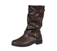 Allbestop Chaussures Femme Bottines mi-Mollet Tendance en Cuir pour Femme, Bottines décontractées avec Boucle, Talons Bas, Chaussures Confortables pour l'automne et l'hiver(Marron,42)