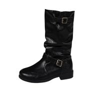 Allbestop Chaussures Femme Bottines mi-Mollet Tendance en Cuir pour Femme, Bottines décontractées avec Boucle, Talons Bas, Chaussures Confortables pour l'automne et l'hiver(Noir,41)