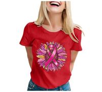 Allbestop Octobre Rose T Shirt Femme Coton, La Lutte Contre Le Cancer du Sein Cancer du Sein Octobre Rose Ruban Arc en T Shirt Col Rond Tee(Rouge,L)
