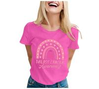 Allbestop Octobre Rose T Shirt Femme, Women's Breast Cancer Printed Casual Short Sleeved T Shirt Cancer du Sein Octobre Ruban Arc en Tee Femme Lin Imprimé(Rose Vif,M)