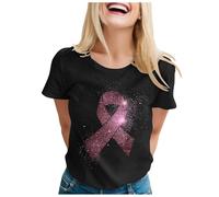 Allbestop Octobre Rose Top Femme Ete, T Shirt Contre Le Cancer du Sein Cancer du Sein Cœur Rose Ruban Tshirt T Shirt Femme Oversize Très Large Octobre(Noir,XXL)