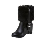 Allbestop Pantoufles pour Femmes en Plein Air Bout Ouvert Dames Mode Cuir Peluche Boucle de Ceinture décoration Semelle épaisse surélevée Bottes Courtes Bottes Mi-Mollet Taille 8 (Black, 39)