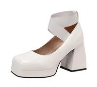 Allbestop Sandale Talon Sandales Pour Femmes | Titre Chaussures Décontractées À Talons Épais Avec Bride Élastique Et Embout Carré Sandales À Talons Hauts Pour Occasions Style Raffiné Et(Blanc,42)