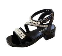 Allbestop Sandalette Fille Cate Gorie Girls Sandals Titre Chaussures pour Enfants Sandales à Talons Hauts Épais Princesse Perles Tendance Sandal Enfant(Noir,27)
