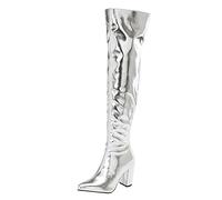 Allbestop Santiag Femme, Bottes Cuissarde Hiver Femme Petit Talons Bottes Genou Botte Haute Noire à Talons Carrés pour pour Cuir Botte Montante(Argent,44)