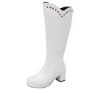 Allbestop Santiag, Femmes Bottes au Dessus Du Genou Botte au Dessus Du Genou Femme Bottes Haut Femme Talon Plat Cuir Cavalières Cuir(Blanc,42)