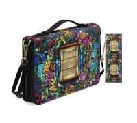 Allcute Étui de bible imprimé esthétique pour femme avec marque-page en cuir PU avec bandoulière, Parchemin floral style vitrail, 10.2x7x1.9 inches