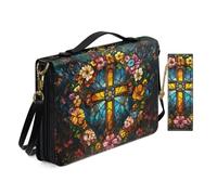 Allcute Sac de bible avec impression d'art religieux pour femme - Étanche - En cuir synthétique - Avec marque-page et bandoulière, Croix florale style vitrail, 9.2x6.3x1.6 inches
