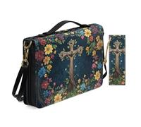 Allcute Sac de bible avec impression d'art religieux pour femme - Étanche - En cuir synthétique - Avec marque-page et bandoulière, Imprimé floral en bois Sainte Croix, 12x9x2.4 inches