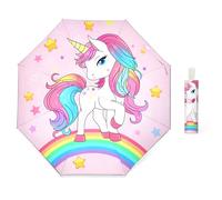 alldomess Parapluie Pliant Enfant Automatique, Parapluie Anti-UV Compact avec Bande Réfléchissante 360°, Léger et Mignon Parasol Enfant Anti-Rebond Sûr pour Bébé Fille Garçon,Licorne Rose