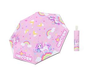 alldomess Parapluie Pliant Enfant Automatique, Parapluie Anti-UV Compact avec Bande Réfléchissante 360°, Léger et Mignon Parasol Enfant Anti-Rebond Sûr pour Bébé Fille Garçon,Licorne Arc-en-ciel Rose