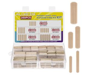 ALLECIN 5 Valeurs 250 Pièces Cheville Bois Kit M6 M8 M10 Tourillon Bois Rainurées 8MM 6MM 10MM Assortiment de Chevilles pour Meubles Woodworking Bricolage Artisanat