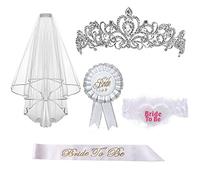 Alledomain Lot de 5 décorations pour enterrement de vie de jeune fille avec diadème en strass, voile de mariage, écharpe, badge rosace et jarretière