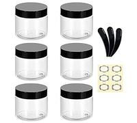 Alledomain Lot de 6 bocaux ronds en plastique transparent de 100 g/100 ml avec 3 mini spatules et étiquettes pour échantillons de produits cosmétiques avec doublures intérieures et couvercles noirs