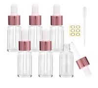 Alledomain Lot de 6 flacons vides en verre transparent de 10 ml avec pipettes compte-gouttes, bouchon en alliage d'aluminium doré rose, rechargeables, huiles de massage, liquides chimiques