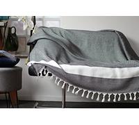 Allée Déco Grand Plaid, jeté de canapé ou Couvre lit Gris | Très Doux, Fait Main 100% Coton Haute qualité | Taille XL 150x220, boutis, Dessus ou protège Fauteuil | Tissage à Franges Blanches