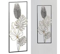 Allegra Décoration murale, aspect 3D, à suspendre, motif de feuilles, en métal, sculpture, utilisable en horizontal et vertical, en gris, argent et or, (l x H) : 28,5 x 74 cm, 1 pièce