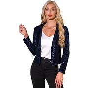 Allegra K Blazer à Sequin Femme Veste à Paillettes Cardigan Court Scintillant Ouvert sur Le Devant Haussement d'Épaules Bleu Foncé M