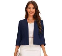 Allegra K Blazer Court Élégant Femme Costume d'affaire Basque à Manches 3/4 Ouvert sur Le Devant Veste Cintrée de Bureau Bleu Foncé M