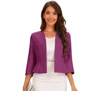Allegra K Blazer Court Élégant Femme Costume d'affaire Basque à Manches 3/4 Ouvert sur Le Devant Veste Cintrée de Bureau Violet Prune M