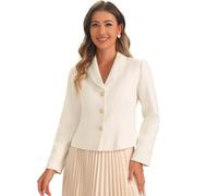 Allegra K Blazers en Tweed pour Femmes Col à Revers Manches Longues Vestes Courts Blazer Boutonné Cintré Costume d'affaires Blazer d'automne et d'hiver Blanc L