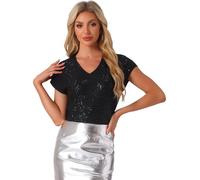 Allegra K Blouse à Paillettes Femme Chemisier Scintillant Manches Courtes Col en V Haut Métallique T-Shirts à Sequin de Fête Noir S