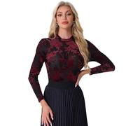 Allegra K Blouse en Velours Femme Imprimé Floral Haut en Maille Chemisier à Col Montant Pull élastique à Fleurs Haut à Manches Longues Demi-Transparents Noir Rouge L