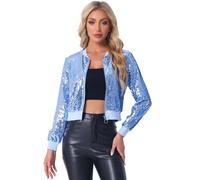 Allegra K Blouson à Paillettes Femmes Veste à Sequin à Manches Longues Bomber Aviateur Zippé Brillante pour Soirée et Disco Bleu Ciel M