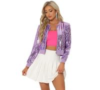 Allegra K Blouson à Paillettes Femmes Veste à Sequin à Manches Longues Bomber Aviateur Zippé Brillante pour Soirée et Disco Violet clair M
