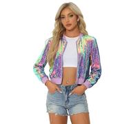 Allegra K Blouson à Paillettes Femmes Veste à Sequin à Manches Longues Bomber Aviateur Zippé Brillante pour Soirée et Disco Violet brillant S